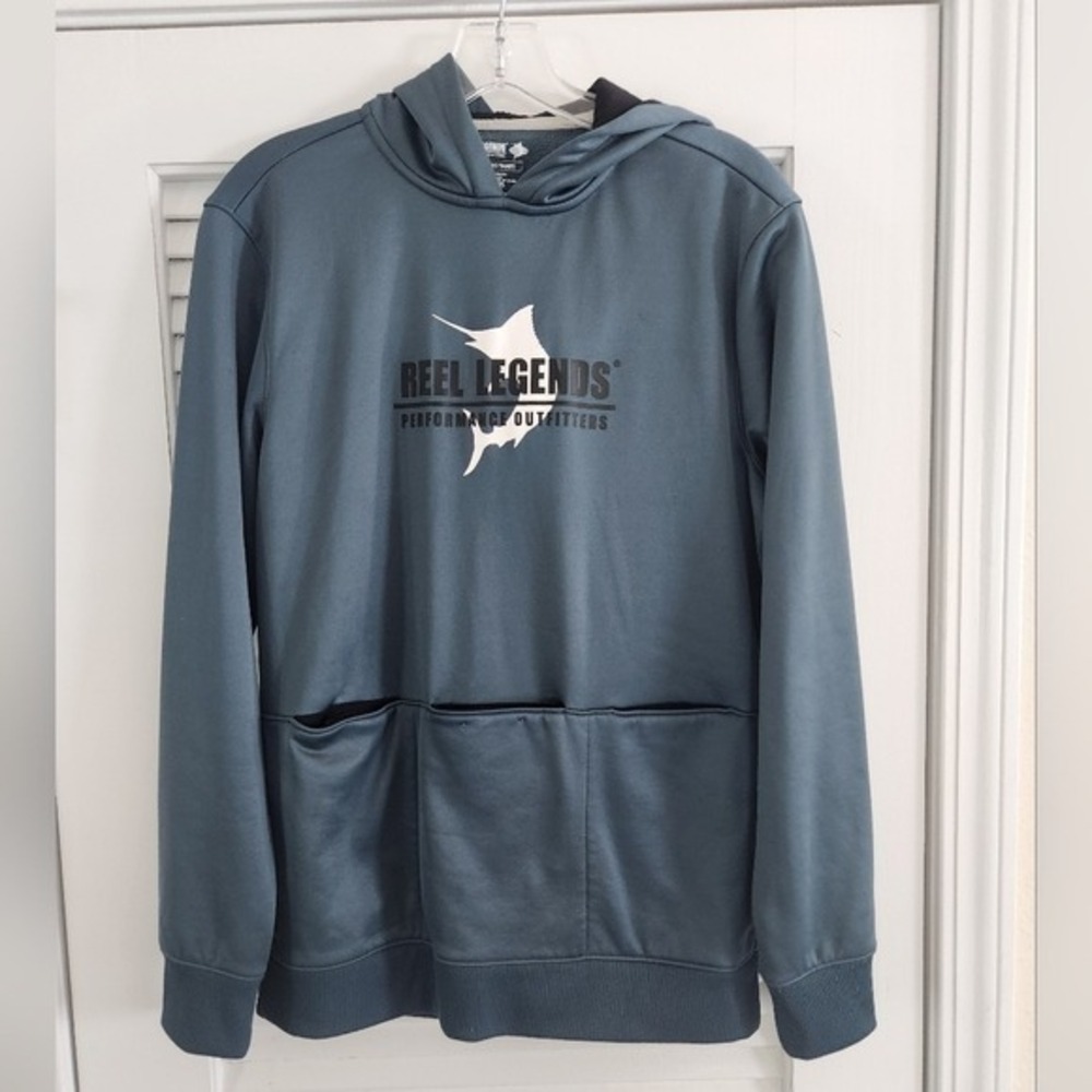 Reel Legends Green First Mate Hoodie Sweatshirt Small Pockets Fleece UPF 50 Fish